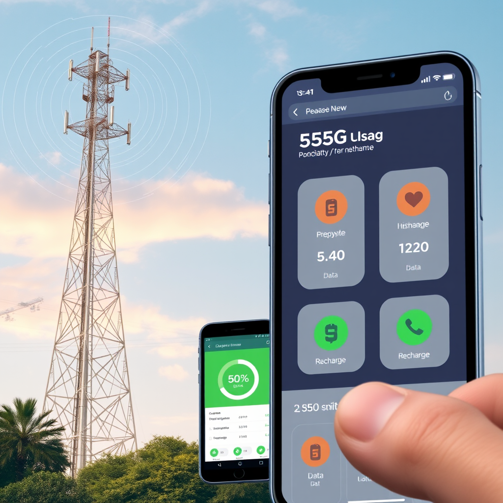5G network tower with signal waves and mobile devices showing data usage statistics and recharge options
