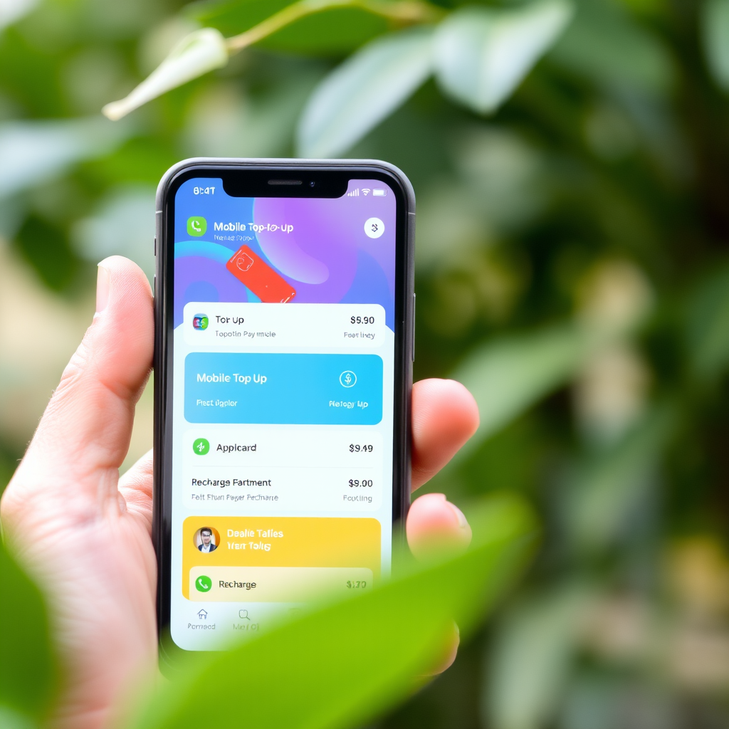 Modern smartphone with digital payment interface showing mobile top up and recharge services