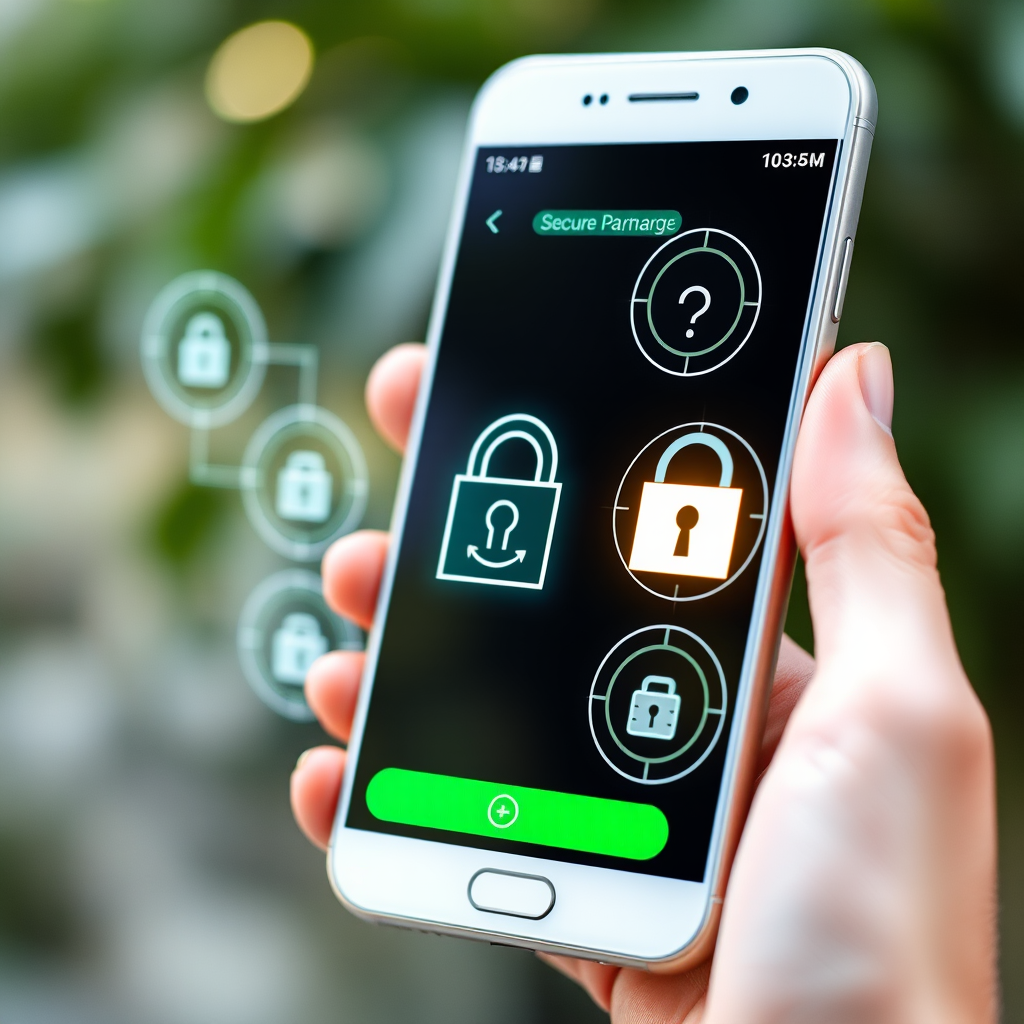 Modern smartphone displaying secure mobile payment interface with encryption symbols and digital security locks, representing advanced mobile recharge security protocols