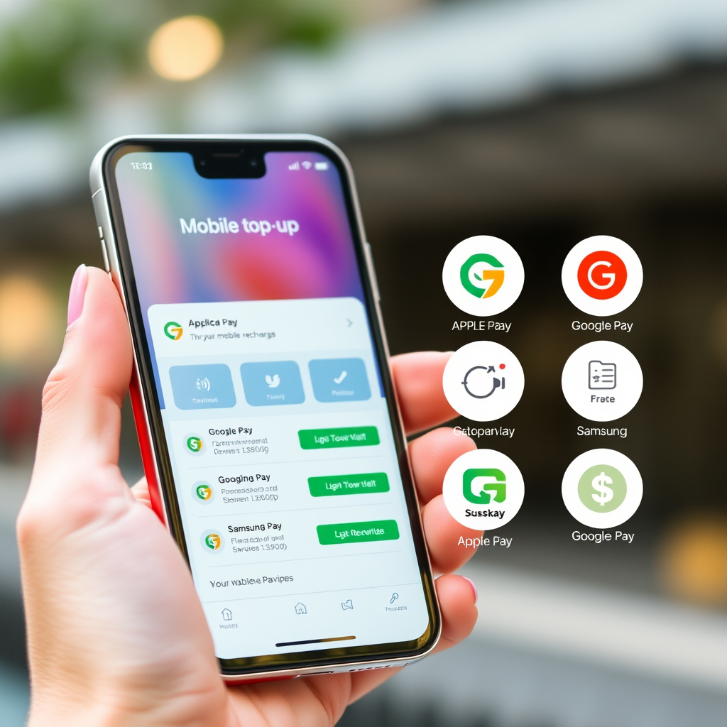 Modern smartphone displaying digital wallet interface with mobile top up options, showing seamless payment integration with popular digital wallet platforms like Apple Pay, Google Pay, and Samsung Pay for mobile recharge services