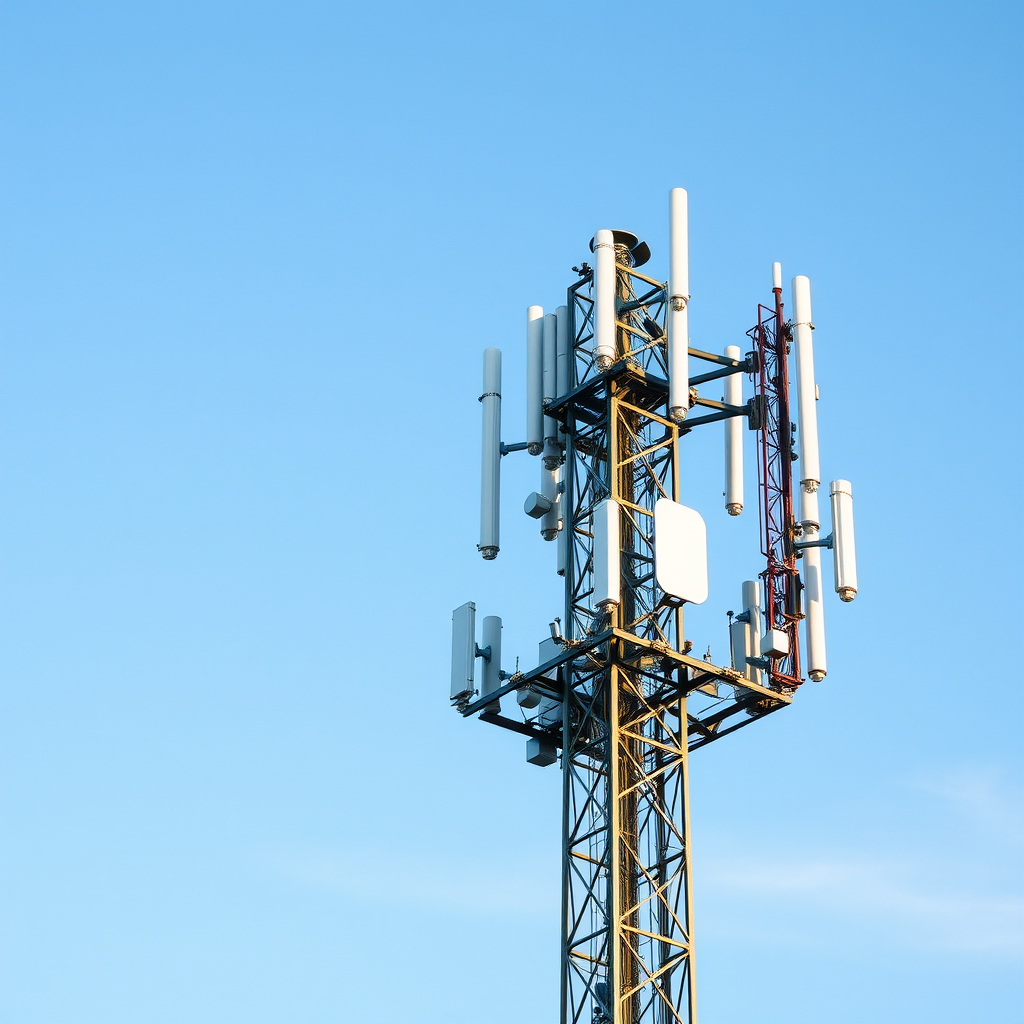 Modern 5G cellular tower with advanced antenna arrays against blue sky, representing the expansion of high-speed mobile networks across urban and rural areas