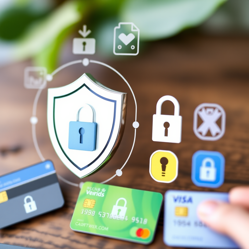 Secure payment processing with encryption shield, lock icons, and various credit cards showing security features