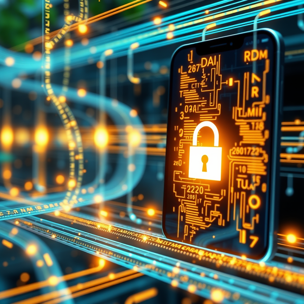 Digital illustration showing encrypted data streams and security protocols protecting mobile payment transactions with advanced cryptographic algorithms