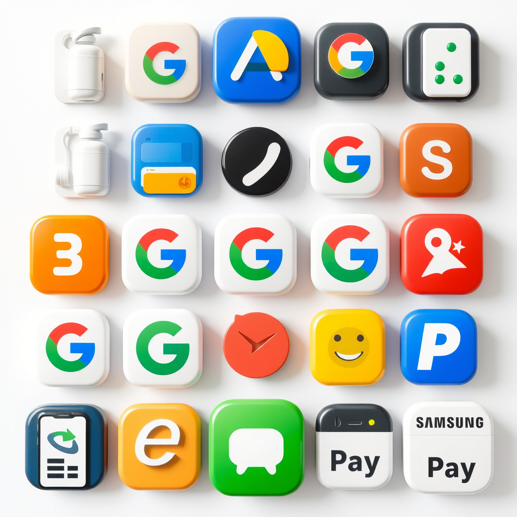 Collection of digital payment method icons including Apple Pay, Google Pay, Samsung Pay, and other mobile wallet services arranged in a modern grid layout for mobile top up services
