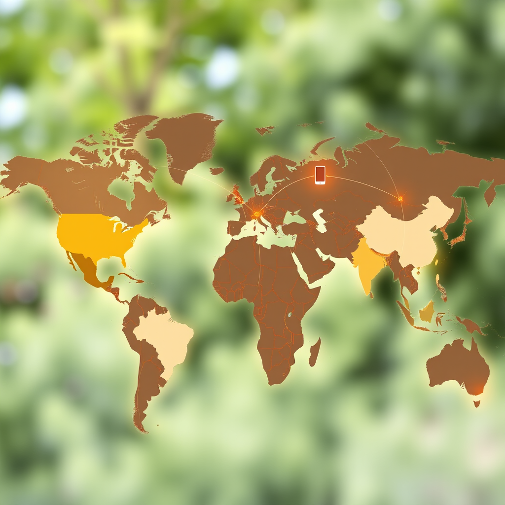 World map with connected mobile devices showing international mobile recharge network across different countries and continents