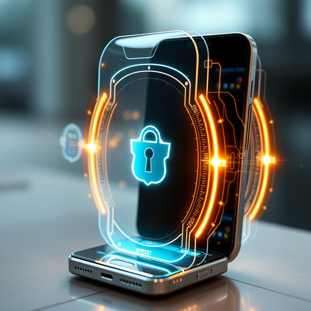 Futuristic mobile device with holographic security shields and digital protection layers representing the future of mobile payment security technology