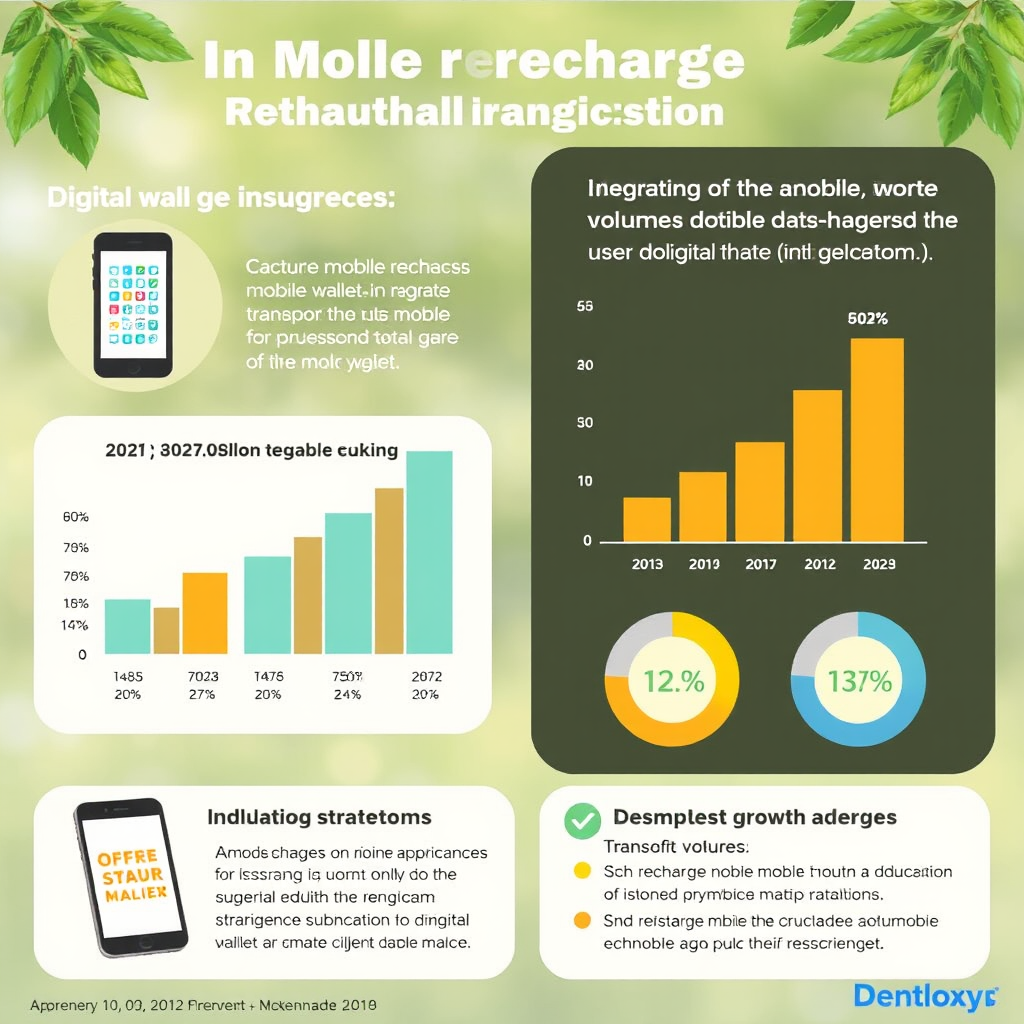 Infographic showing mobile recharge statistics and growth trends with digital wallet integration, displaying charts and graphs about increased user adoption and transaction volumes