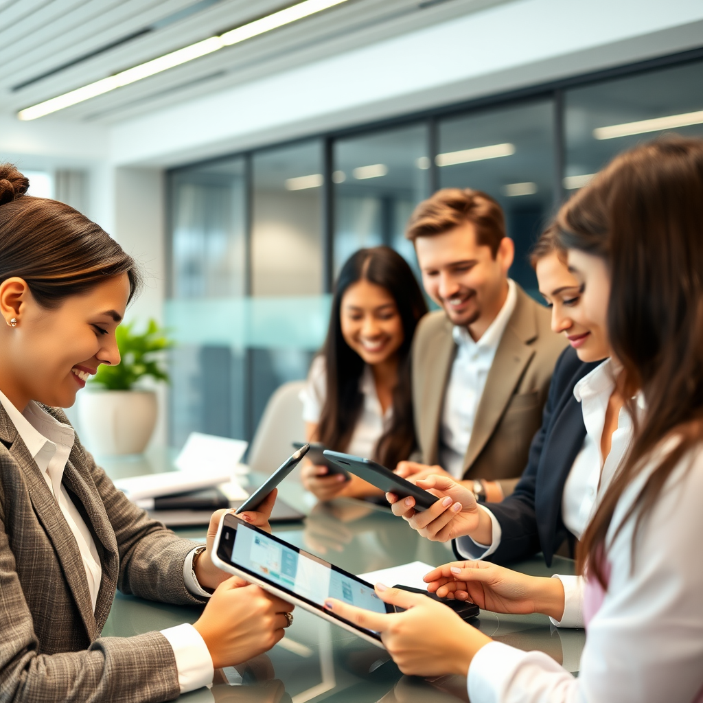 Corporate office setting with business professionals using tablets and smartphones for bulk mobile recharge management and employee mobile allowances