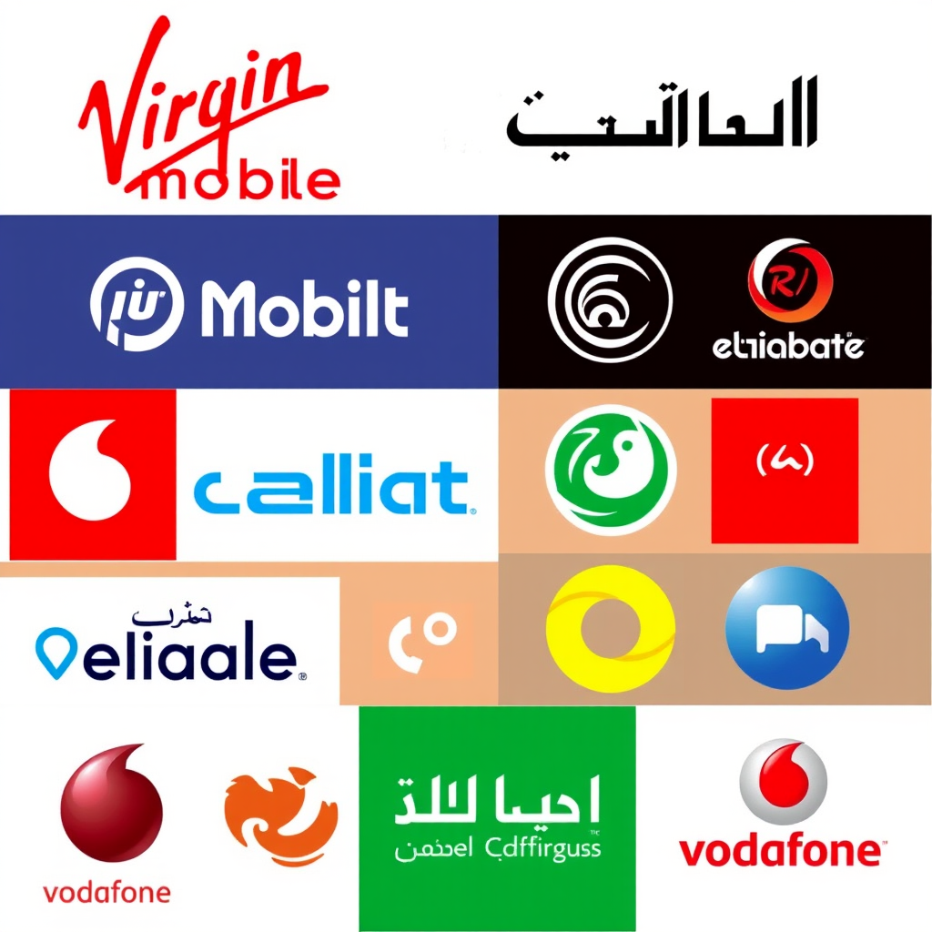 Collection of major mobile network provider logos including Virgin Mobile, Etisalat, Vodafone, and other international carriers