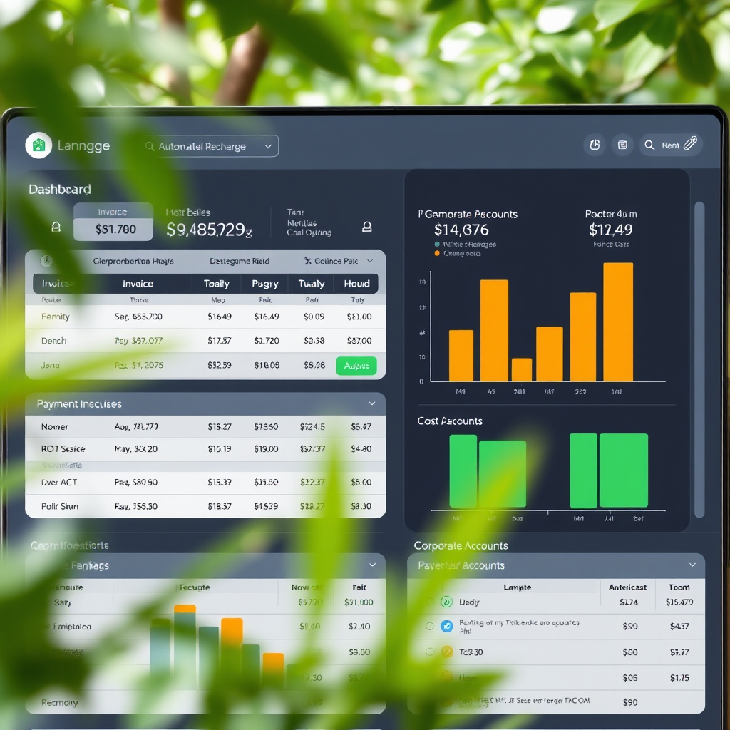 Automated billing dashboard displaying mobile recharge invoices, payment schedules, and cost analysis for corporate accounts