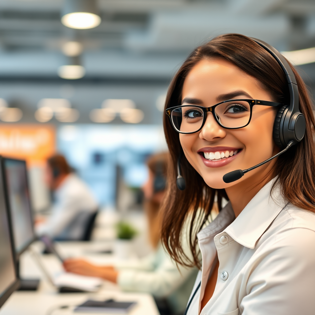 Friendly customer support representative with headset in modern call center environment with multiple communication channels including live chat and phone support