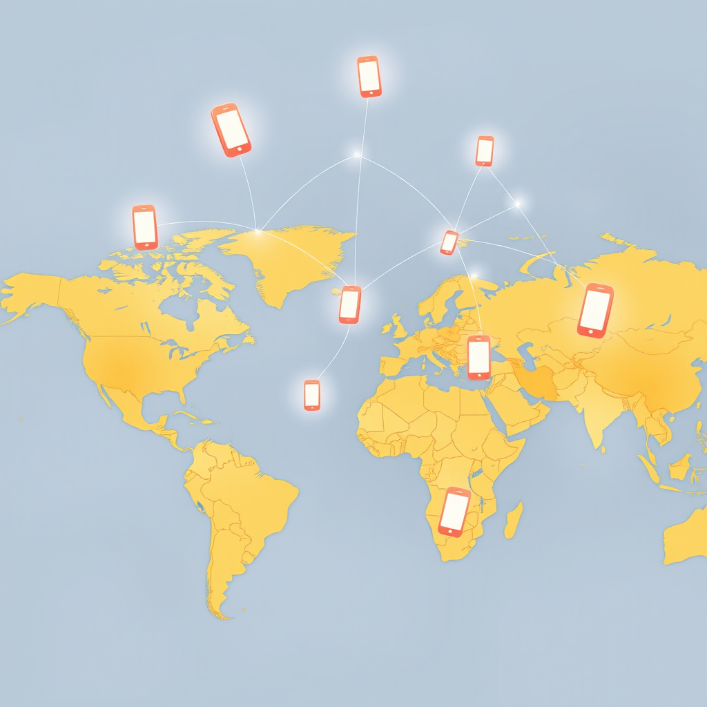 Global mobile network illustration showing connected phones across different countries