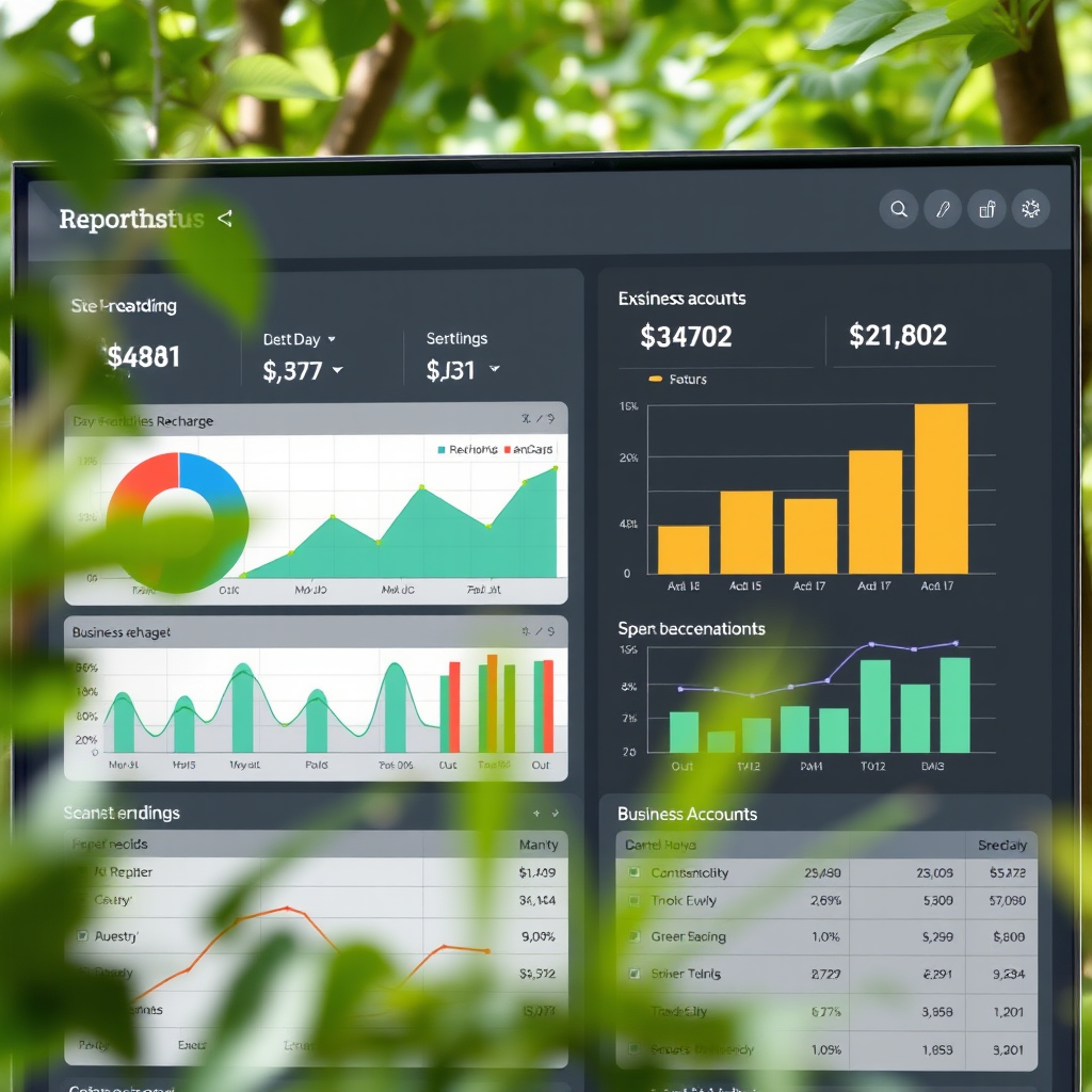 Detailed reporting interface showing mobile recharge analytics, usage statistics, and spending trends for business accounts