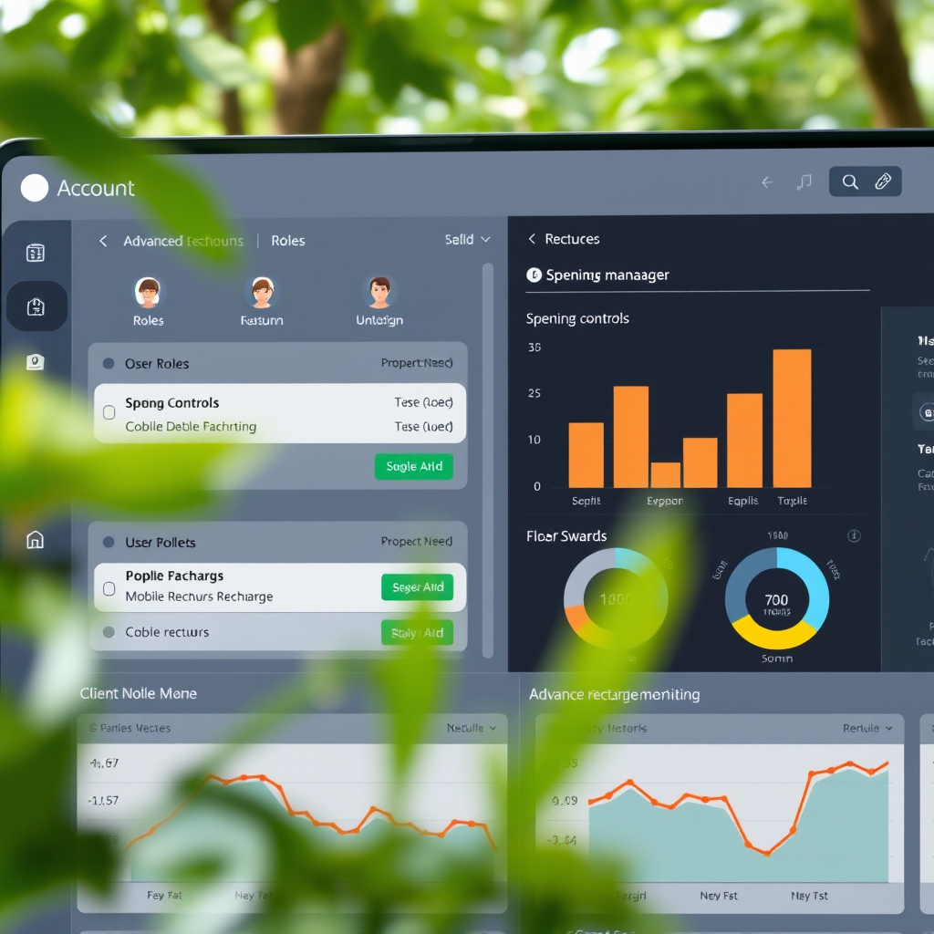 Advanced account management interface showing user roles, spending controls, and real-time mobile recharge monitoring for corporate clients