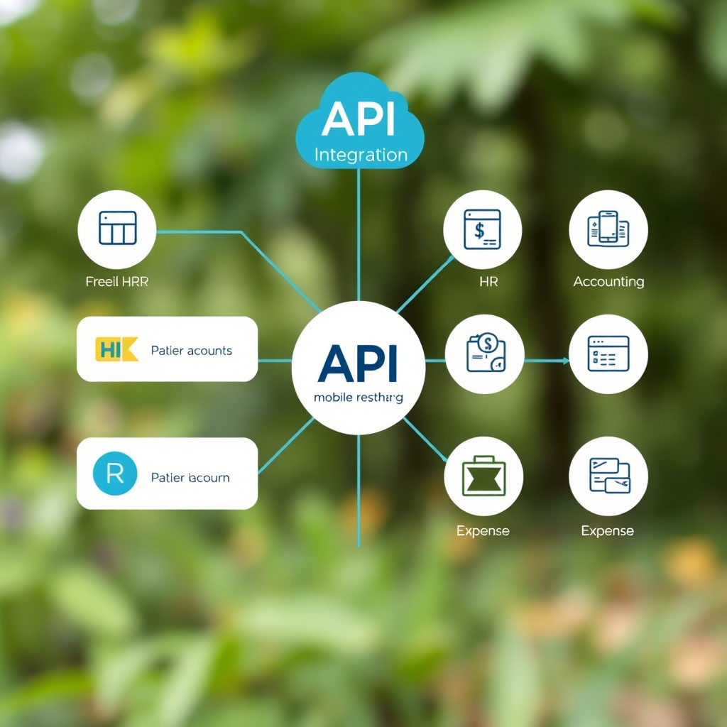 API integration diagram showing how mobile recharge services connect with various business systems including HR, accounting, and expense management platforms
