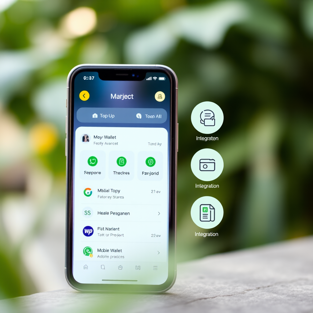 Modern smartphone displaying digital wallet interface with mobile top up options and payment integration symbols